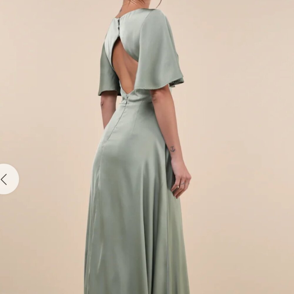 Lulus Elegant Confidence Sage Satin Flutter Sleev… - image 3